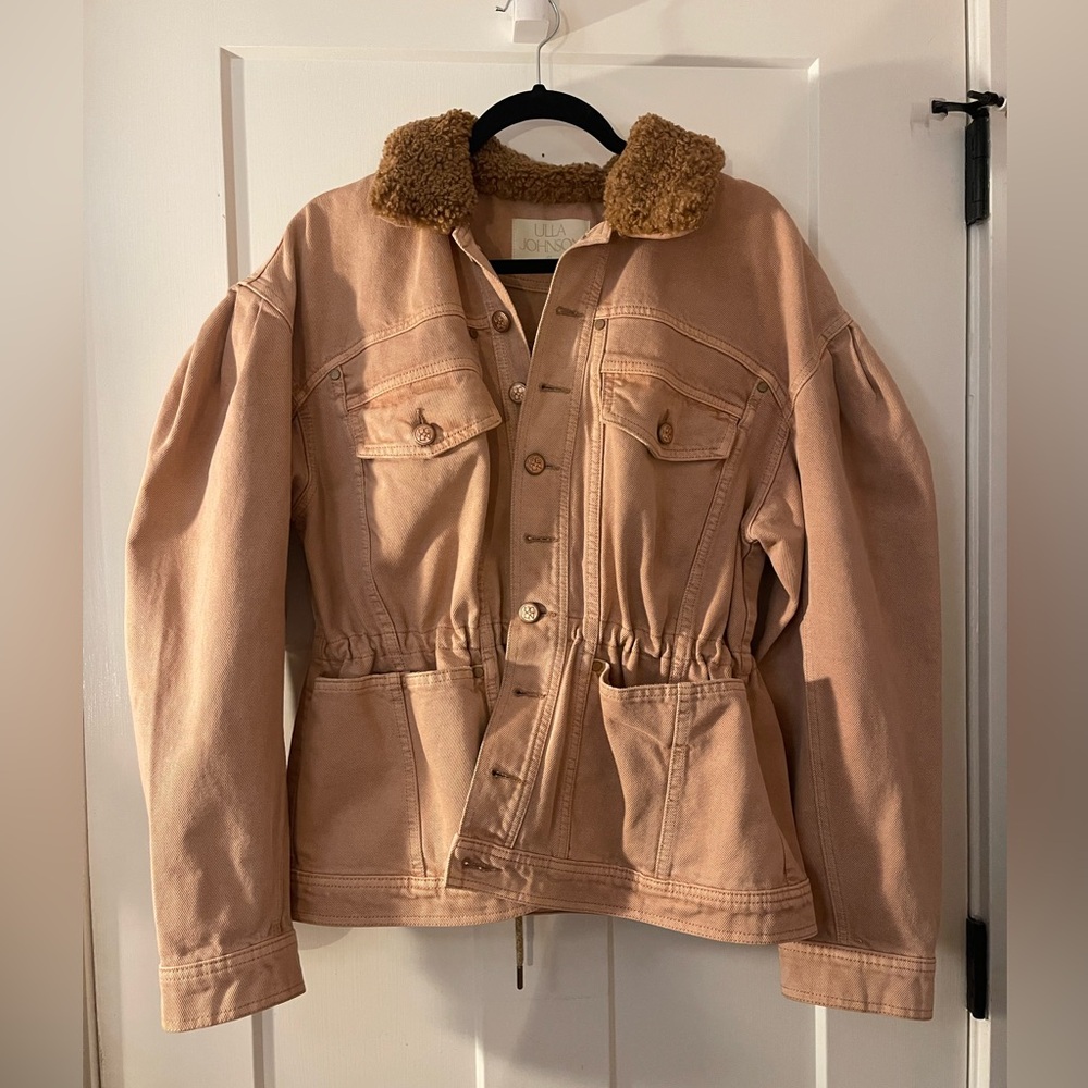 Ulla Johnson Pink Odette Denim Jacket with Puff Sleeves, Faux Fur Collar, Size M